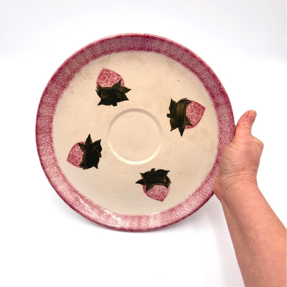 Strawberries on Cream Color Stoneware w Pink Sponge Rim Underplate, 11.25"